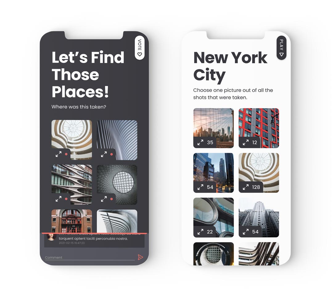 Photorally application screens - Play mode and Vote mode