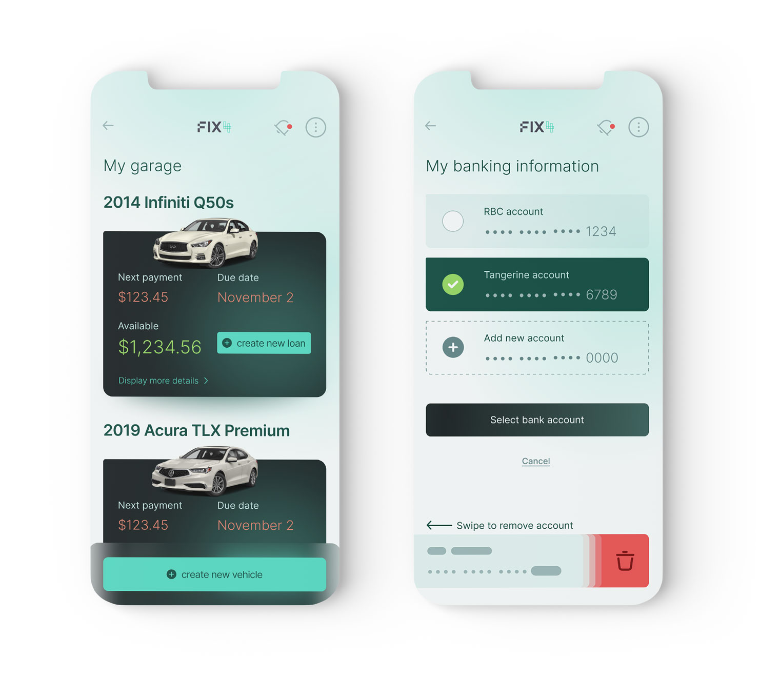 My Garage and My Banking Info user interface